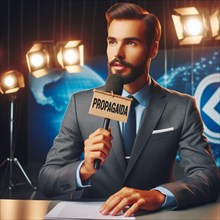 Man holding a microphone with 'PROPAGANDA' label in a studio with bright lights, ai generated, AI