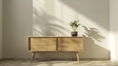 A scandinavian wooden cabinet in home interior. AI generated