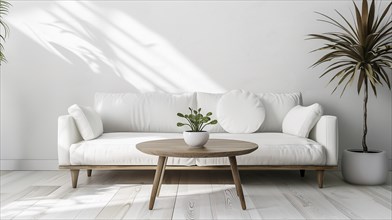 Photograph of a trendy scandinavian coffee table near a sofa. Minimalist style. AI generated