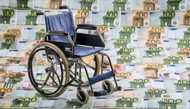 Symbolic long-term care insurance, care costs, disability, a wheelchair stands on a surface of euro