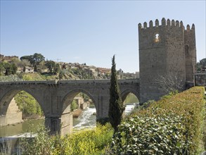 Stone bridge with arches and historic tower, surrounded by green landscape and river, sunny