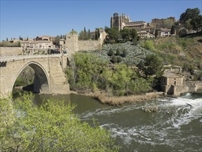 Historic stone bridge with green vegetation over a river and buildings in the background under a