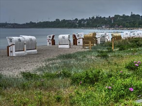 Several beach chairs on a sandy beach line the coast. Cloudy sky and lush vegetation in the