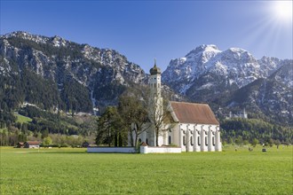 Pilgrimage church of St Coloman in spring, sun, behind Neuschwanstein Castle, Schwangau, Fuessen,