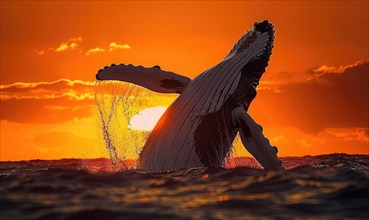 A breaching orca whale captured in mid-air against a vibrant sunset sky AI generated