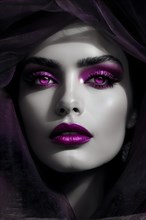 Monochromatic close up fashion portrait with magenta eyes and lip, AI generated