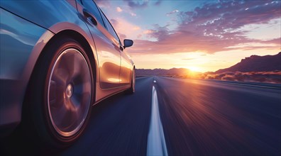 Low angle view of a modern luxury car on a road trip with a sunset in the background, AI generated