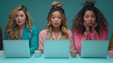 A group of focused diverse women working on laptops in a modern setting, AI generated