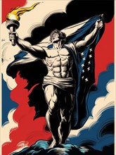 A muscular man holds a torch and a flag, depicted in an inspirational style against a red, white,