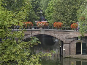 Stone bridge over a river with flowers and green trees in the background, Flowers and botte on a