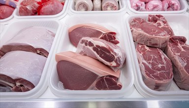 Meat in the refrigerated counter of a butcher's shop, AI generated, AI generated