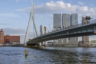 Modern bridge over a river with buildings in the background under a partly cloudy sky, skyline of a