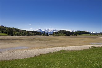 Drained Forggensee, empty, reservoir, flood protection, meadow, Allgaeu Alps, snow, Ostallgaeu,