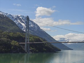 A modern suspension bridge stretches across the water between snow-capped mountains, bridge in a