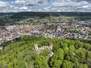 Aerial view of the Honburg castle ruins on the Honberg with the town of Tuttlingen, district of