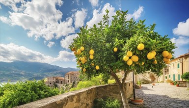 Lemon tree with ripe fruit in a Mediterranean landscape AI generated, AI generated