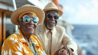 Happy african american senior couple portrait on the deck of their luxury cruise ship. generative