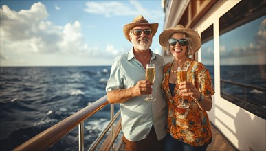 Happy senior couple toasting champagne on the deck of their luxury cruise ship. generative AI, AI