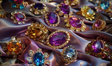 A captivating photograph showcasing a collection of vibrant gemstone brooches arranged on a