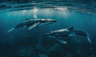 A mother and calf humpback whale swimming together in tropical waters AI generated