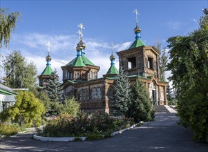 Russian Orthodox Church Cathedral of the Holy Trinity, wooden church with green spires, Karakol,