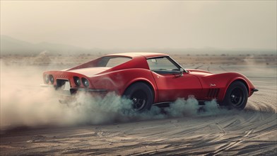 A red sports car drifting on sandy ground, kicking up smoke behind, AI generated