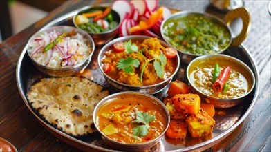 Assorted Indian dishes served in metal bowls, featuring curries, rice, and chapati, AI generated