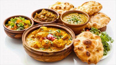 Array of Indian dishes in terra cotta bowls with naan bread and various garnishes, AI generated