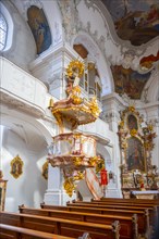 Baroque pulpit with golden decorations, interior view of the Catholic parish church, Minster of Our