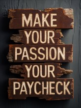 Weathered wooden planks displaying the motivational quote 'Make your passion your paycheck', ai