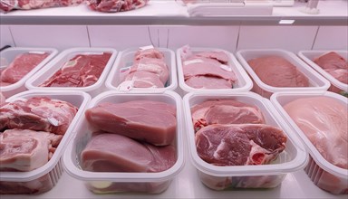 Lots of meat in the refrigerated counter of a butcher's shop, AI generated, AI generated