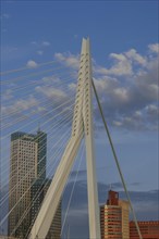 Modern bridge against the background of modern buildings and a cloudy sky, Skyline of a modern city