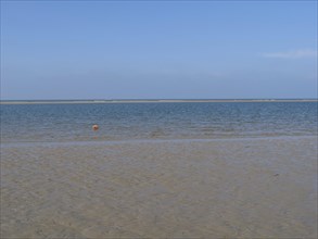 Calm sea water with an orange buoy, clear blue sky and a wide horizon, dunes and beach at the sea