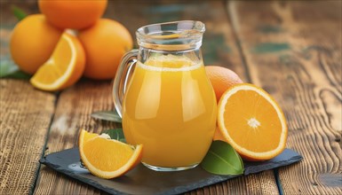 A glass and a jug of orange juice on a rustic wooden board, surrounded by whole and sliced oranges,