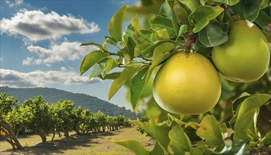 Grapefruit on tree branches in an orchard under a blue sky with white clouds, AI generated, AI