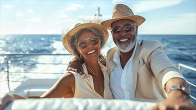 Happy african american senior couple portrait on the relaxing deck of their luxury cruise ship.