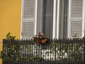 A balcony with a parapet decorated with flowers and white shutters in front of a yellow wall in the