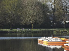 Quiet lake with several orange and white pedal boats on the jetty and trees in the background,