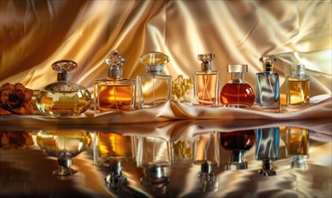 A collection of perfume bottles arranged on a satin material background AI generated