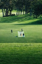Group of people playing sports cricket in a meadow in a park in the countryside. Taken at lunchtime