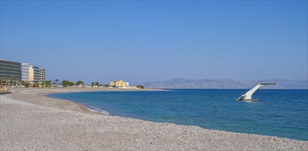 Elli Beach, city beach, free-standing diving tower in the sea, Rhodes, Dodecanese archipelago,