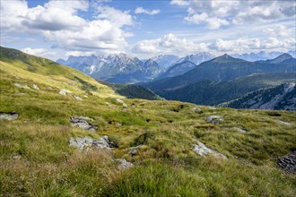 Mountain panorama of the Italian Carnic Alps, descent from Baerenbadegg, Carnic High Trail, Carnic