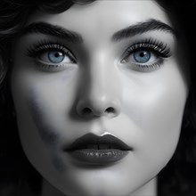 Monochromatic close up fashion portrait with blue eyes, AI generated