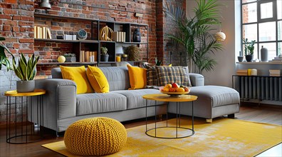 Modern living room in a condo or loft with modern trendy furniture a grey couch and yellow pillows,