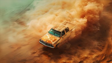 Rusty american Pickup truck speeding through a desert kicking up a massive dust cloud, AI generated