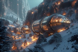 Sci-fi inspired mountainous landscape with futuristic structures and vehicles in snowy conditions,