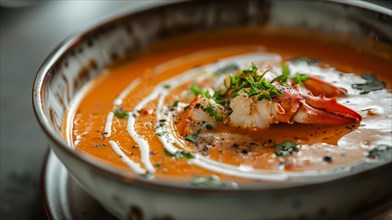 An elegant bowl of creamy soup with a lobster tail garnished with herbs, AI generated