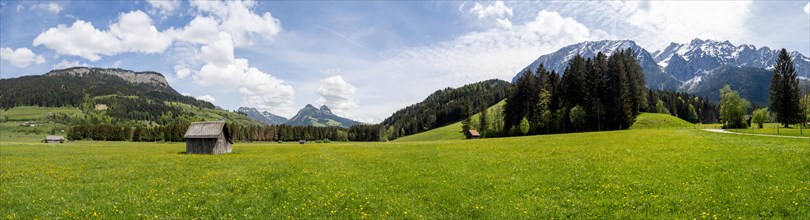 Meadow and hay barn at the Salzkammergut, cycle path, mountain range Grimming, panoramic view, near