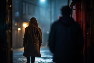 Man following woman in dark alley at night. AI generated