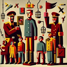 An abstract illustration of authoritarian characters and children, filled with propaganda symbols